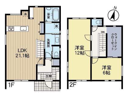 2LDK+WICですが、2階の12帖の部屋は6帖×2部屋にも変更可能。 【内外観】間取り図