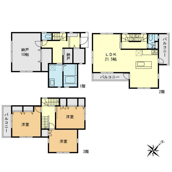 【間取図】全居室6.0帖以上。特に1階の10帖の居室と21.5帖のLDKは使いやすさ良好。 【内外観】間取り図