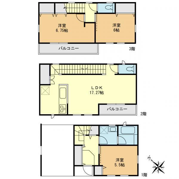 【3号棟】LDKは17.25帖と広々とした空間。主寝室にカウンターを設置。テレワークなどに便利ですね！ 【内外観】間取り図
