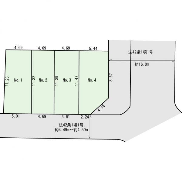 【区画図】駅まで平坦、全4棟からなる新築分譲住宅。 【内外観】区画図