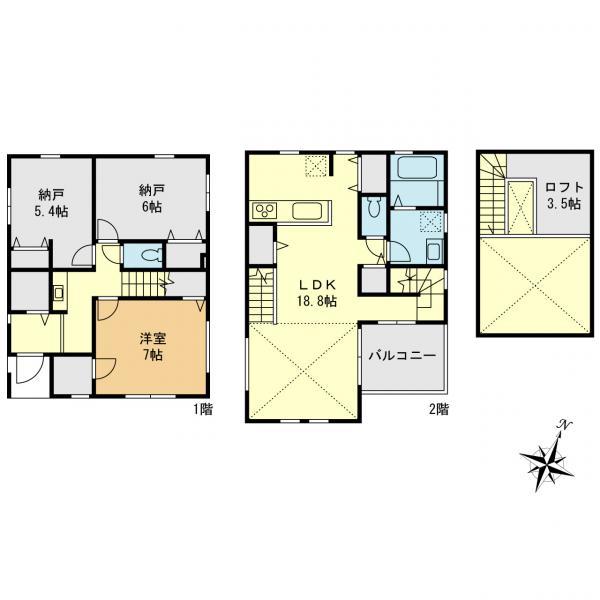 2階をリビングにした1ＬＤＫ＋納戸×2の間取り。家族の空間を大切にできる開放空間です。 【内外観】間取り図
