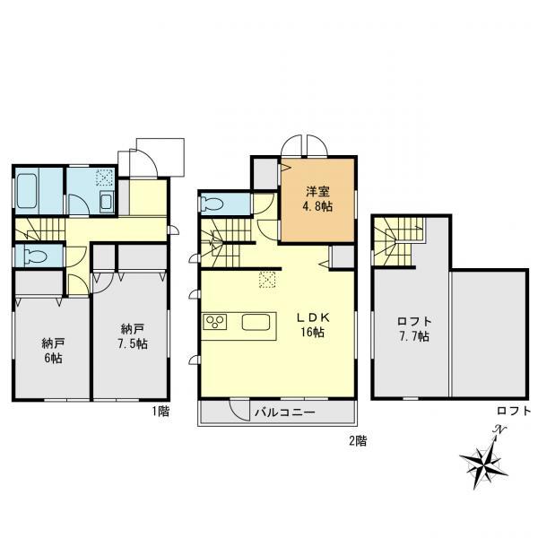 2階をリビングにした1ＬＤＫ＋納戸×2+ロフト付き。家族の空間を大切にできる開放空間です。 【内外観】間取り図