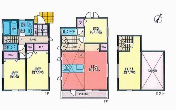 ２階をリビングにした1ＬＤＫ＋納戸×2+ロフト付きの間取り。家族の空間を大切にできる開放空間です。 【内外観】間取り図