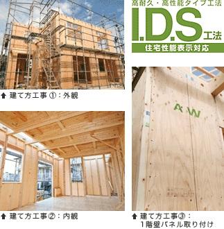 【I.D.S工法】　木造軸組工法の設計自由度と構造用合板パネル工法の耐震性の高さをあわせもった工法で高い耐震性を実現させています。 【構造】構造・工法・仕様