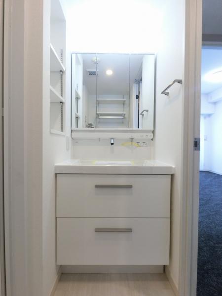 鏡裏収納に小物が収納できるので、カウンターをすっきり整理できます。 【内外観】洗面台・洗面所