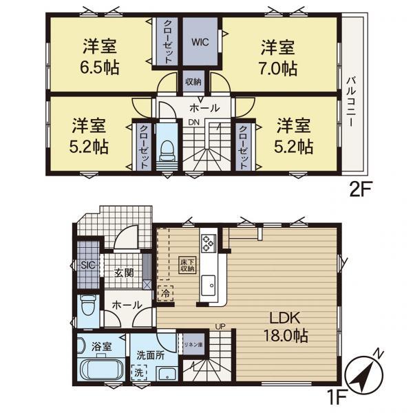 LDKが18帖、居室は5.2帖以上とゆとりのある4LDK。 【内外観】間取り図