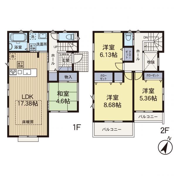 【間取り図】1階はゆとりの20帖のＬＤＫと続き間の居室があり、開放的な空間です。2階は全室南東向きで陽当たり良好です。 【内外観】間取り図