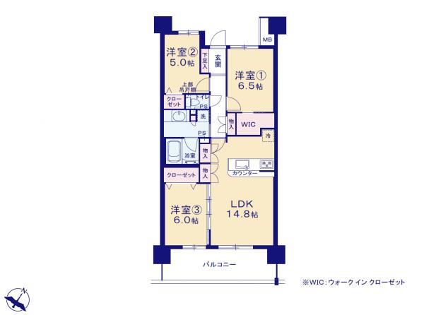 LDK14.8帖、全居室収納スペース付で広々住空間 【内外観】間取り図