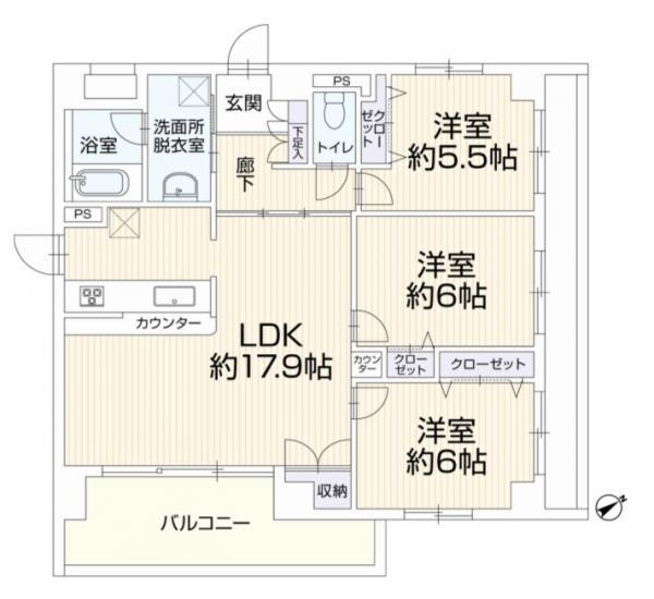 マンションでは珍しいLDKの広さとお部屋数が確保されております。 【内外観】間取り図