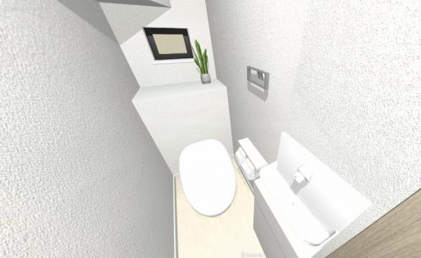 【パース・１Fトイレ】ウォシュレット一体形便器。クリーンなデザインが魅力 【内外観】完成予想図（内観）