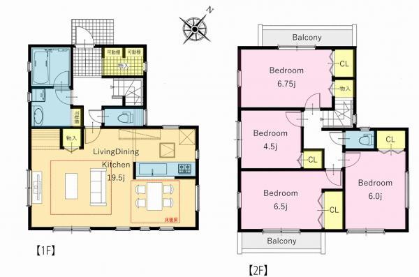 1階がリビングで2階に4部屋あるスタンダートな間取り。家族と過ごすリビングは床暖房付きです。 【内外観】間取り図