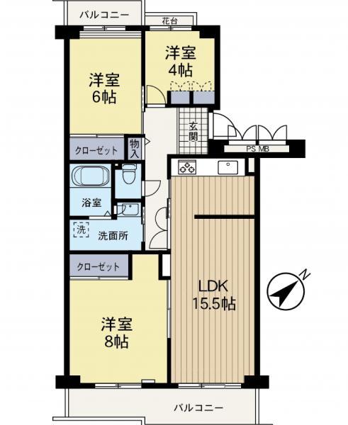 南東向き、2面バルコニーで開放感があり、陽当たりも良好 【内外観】間取り図